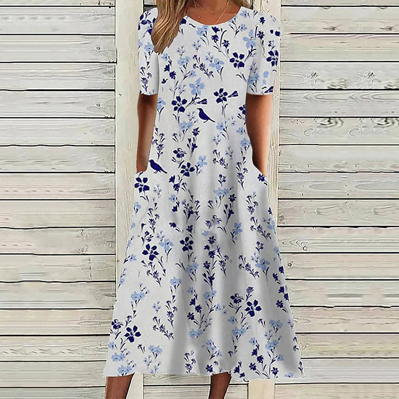 lovwvol Summer Holiday Dress Women Vintage Print Short Sleeve O Neck Pocket Casual Long Dress Boho