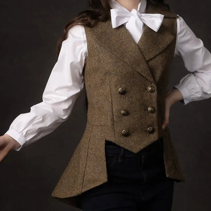 Woman’s Vest Army Green Plaid Herringbone Tweed Business Waistcoat Tailored Collar Vintage OL Waistcoat for Wedding Vest