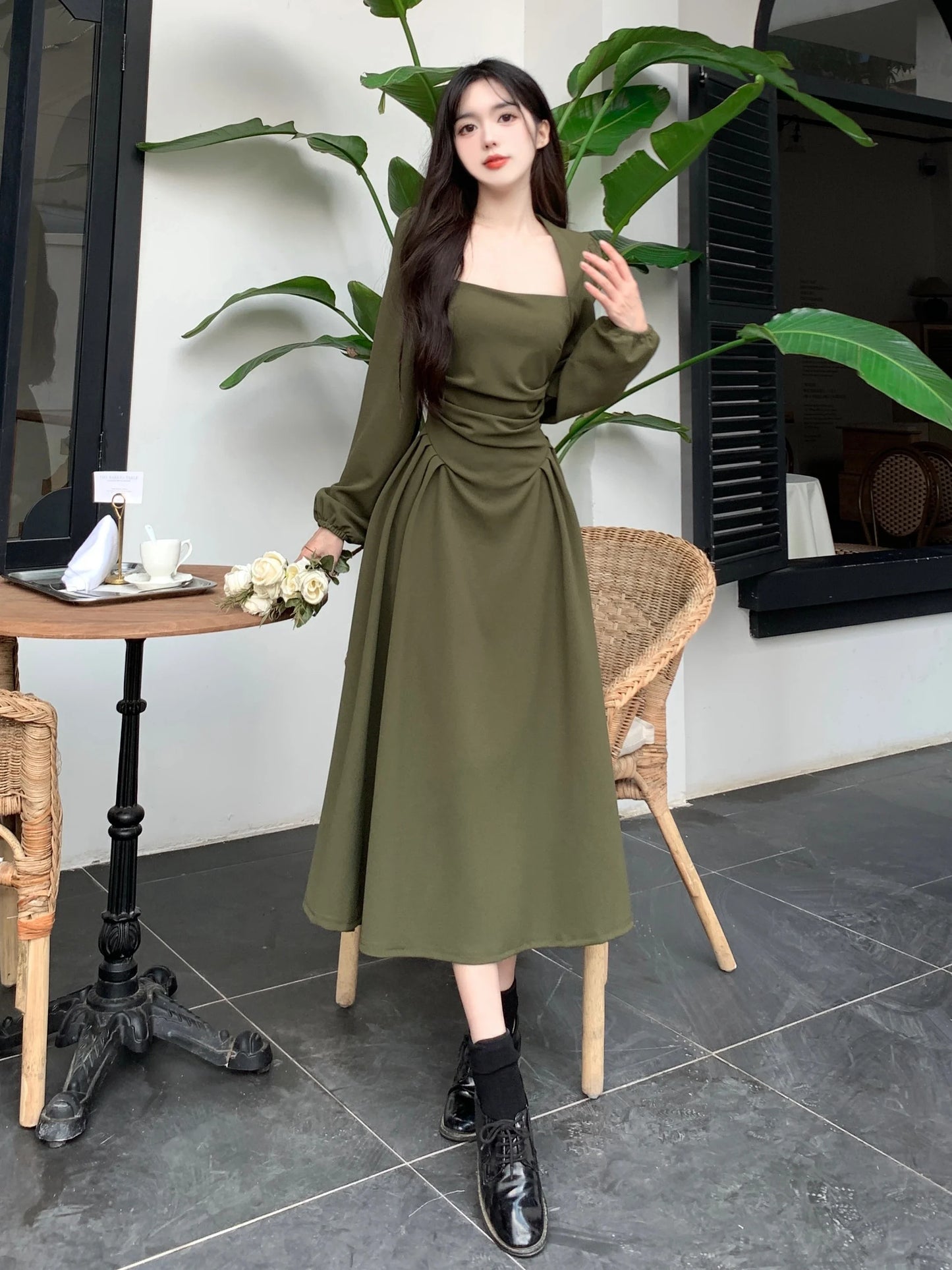 lovwvol Summer Elegant Party Casual Lady Long Dresses Retro Folds Puff Sleeves Fashionable Sexy Design Slimming Waist Green Dress