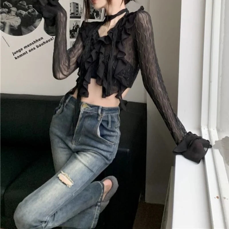 lovwvol Sexy Gothic Women Lace Blouses Grunge Y2k Crop Top Female Shirts Elegant Black Transparent Cardigan Korean Streetwear