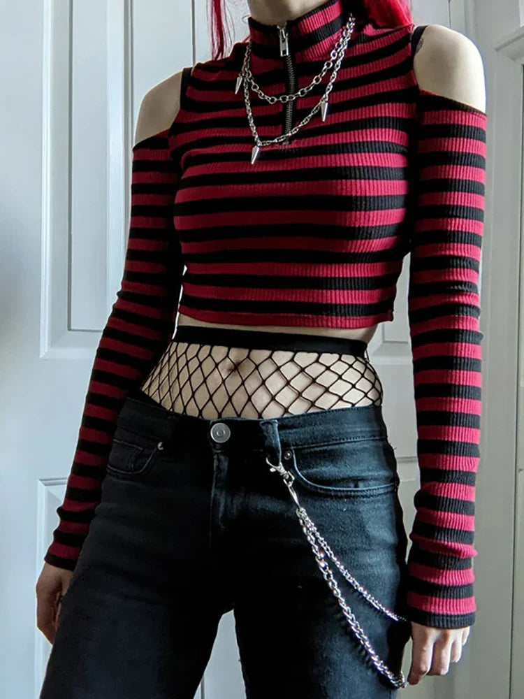 Grunge Striped Mall Gothic Basic T-shirts Punk E-girl Aesthetic Bodycon Casual Crop Tops Long Sleeve Open Shoulder Tee