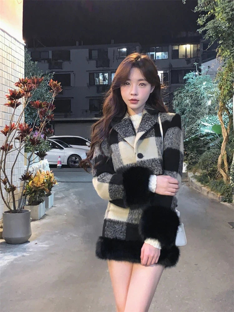 lovwvol Plaid Knitted Suit Woman Korean 2 Piece Dress Set 2024 Winter Vintage Fashion Tops Cardigan + Slim Bodycon Y2k Mini Skirt Chic