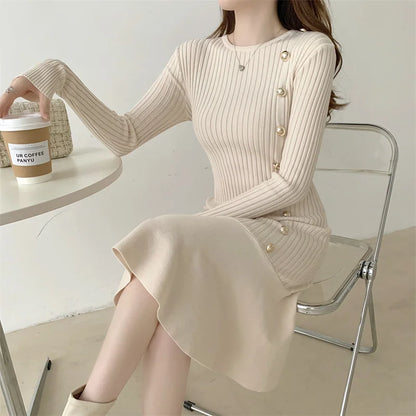 lovwvol Vintage Midi Dresses for Women Clothing Long Sleeve Elegant Button Warm Trumpet Mermaid Knitted Sweater Bodycon Dress Winter New