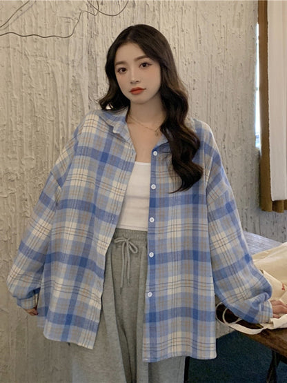 Korean Oversize Plaid Shirt Women Fashion Long Sleeve All Match Blouse Spring Preppy Style Turn Down Collar Casual Y2K Top