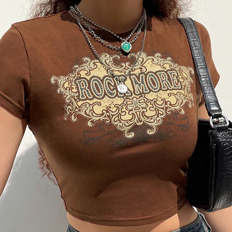 lovwvol Vintage short sleeve T-shirt 90s Aesthetic Gothic Harajuku print pattern croptop punk streetwear aesthetic female mujer top