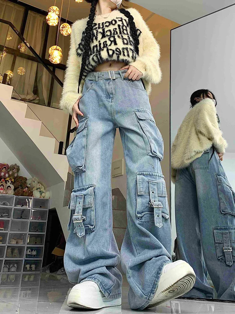 lovwvol Cyber Y2K Streetwear Washed Blue Baggy Cargo Jeans Pants For Women Clothing Multi Pockets Old Wide Leg Dress Lady Trousers