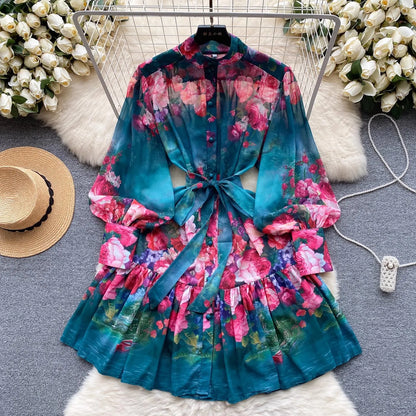 lovwvol New Summer Holiday Beach Short Dress Women's Stand Long Lantern Sleeve Floral Print Sashes Lace Up Chiffon Loose