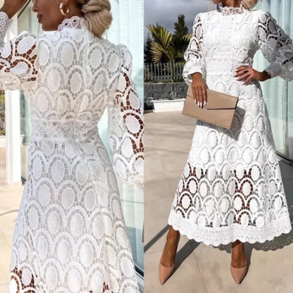 Spring New French Lace Dress For Women Elegant Stand Collar Commute Solid Color Long Sleeves Dresses Summer British Style dress