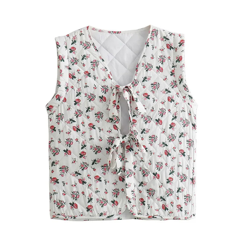 lovwvol Casual Bow Lace Up Women Vest V-neck Sleeveless Floral Printed Quilted Female Waistcoat 2024 Spring Fashion Streetwear Lady Tops