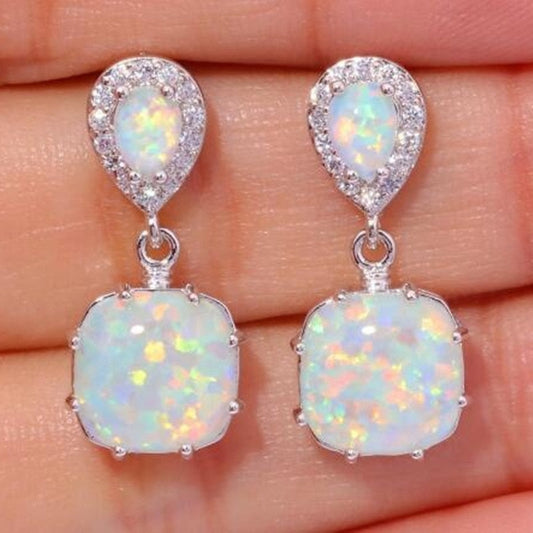 Delicate Droplet Shaped Imitation Opal Earrings Classic Vintage Silver Color Metal Square Stone Dangle Earrings Jewelry