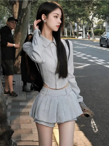 lovwvol Sweet Hot Girls Sexy Preppy Style Suit Women's Spring/Autumn Irregular Long-sleeved Short Shirt Pleated Mini Skirt Two-piece Set