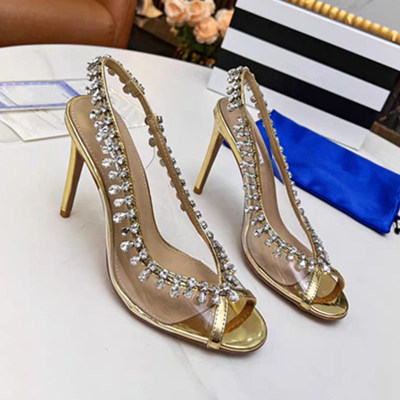 European and American women's new fish mouth high heels transparent rhinestone stilettos fashion banquet shoes