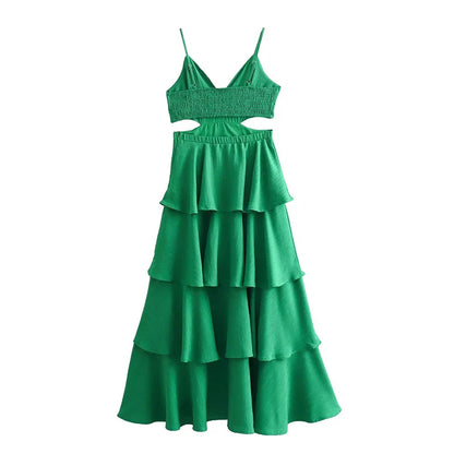 lovwvol New Women Sexy Hollow Out Layered Green Spaghetti Strap Dress Elegant Female Party Long Dresses Maxi