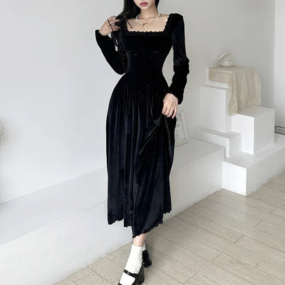 lovwvol Square Neck Lace Trim Black Velour Autumn Dress A-Line Korean Fashion Fold Corset Long Dress Elegant Party Birthday