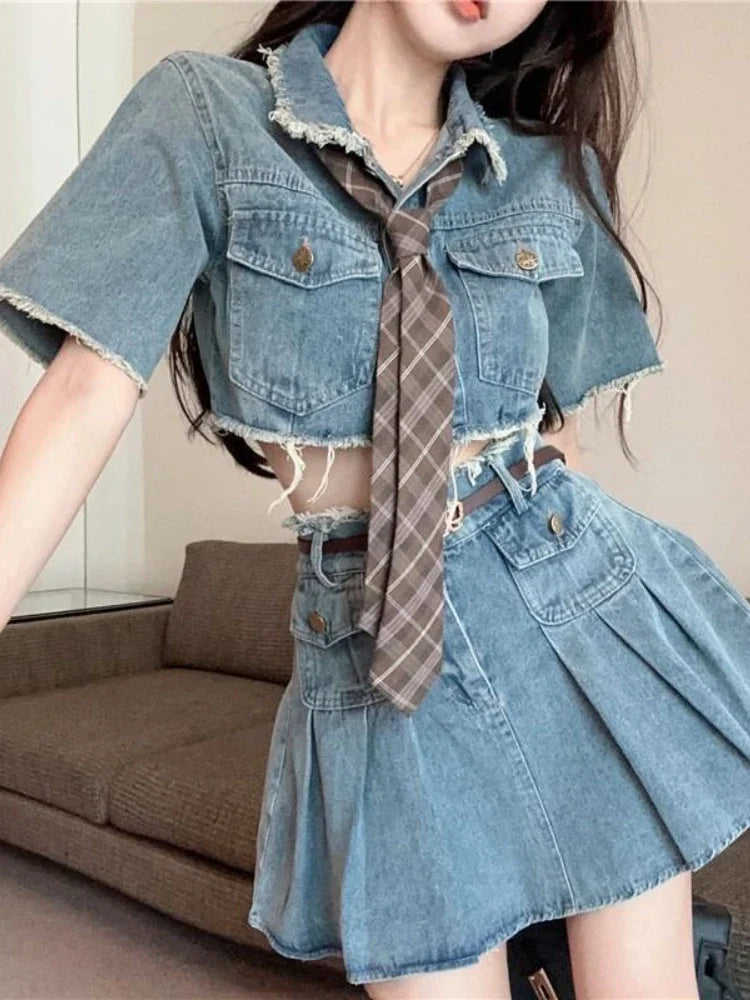 lovwvol Summer Korean Fashion Outfits Retro Denim Safari Party Suits Style Women Casual Elegant Crop Tops + Bodycon Mini Skrits