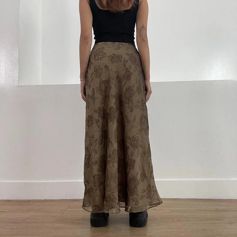 lovwvol   Autumn Long Skirt Vintage Floral Print Low Rise  Ladies Skirts Aesthetic Y2K High Street Retro Mesh Chic Skirt Casual