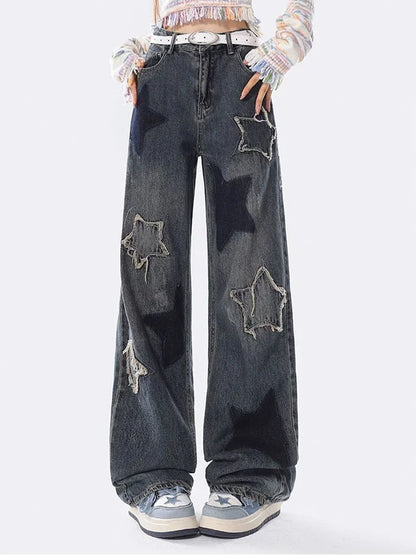 lovwvol Women's Star Patch Design Jeans American Vintage Embroidery Casual Denim Trousers Female High Waisted Loose Straight Pants