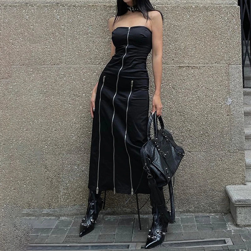 Goth Dark Techwear Fashion Zip Up Midi Dresses Cyber Y2k Mall Gothic Split Women Tube Dress Partywear Punk Off Shoulder Outfits