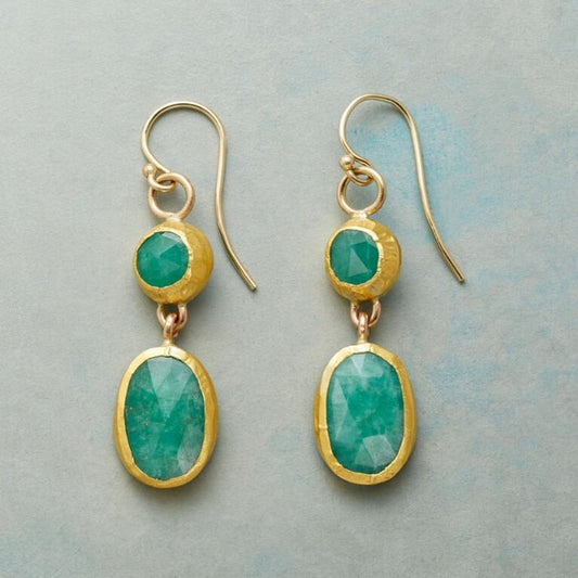 Trendy Round Green Stone Hook Drop Earrings for Women Vintage Gold Color Metal Dangle Earrings