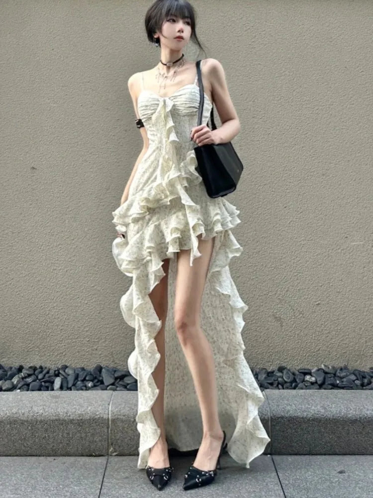 lovwvol Y2K Spaghetti Strap Irregular Dress Women Layered Ruffles Slim Sexy Party Dress Spring New Prom Robe Wedding