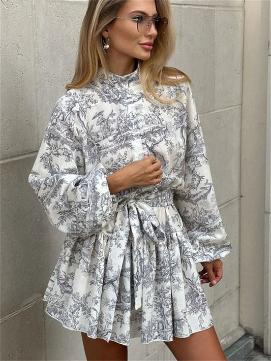 lovwvol   Vintage Printed Lace-Up Mini Dress For Women Fashion Ruffled Pleated Dress Bandage Long Sleeve High Street Women's Dress