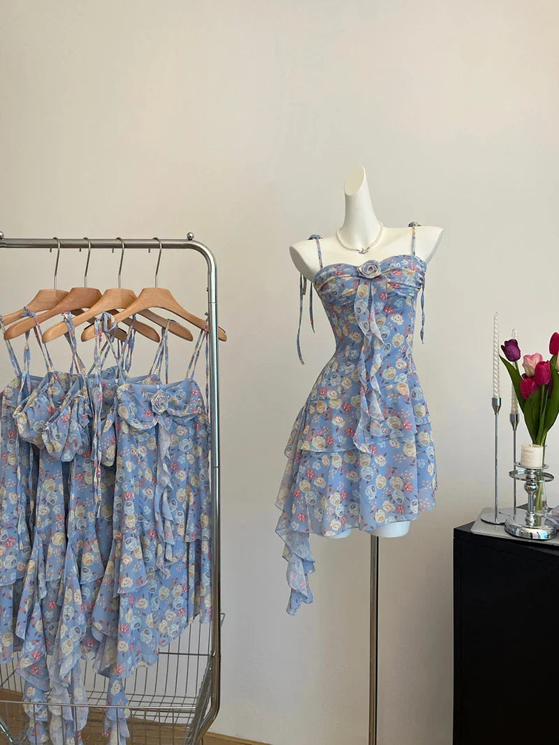 lovwvol Harajuku Sweet Floral Dress Banquet Blue A-Line Dress Romantic Coquette One-Piece Frocks Puff Sleeve Tide Spring Summer