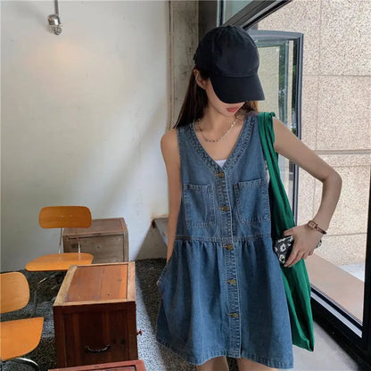 lovwvol Sleeveless Dress Women Streetwear Single Breasted Pockets V-neck Denim Females Mini Dresses A-line Pleated Vintage Korean Style