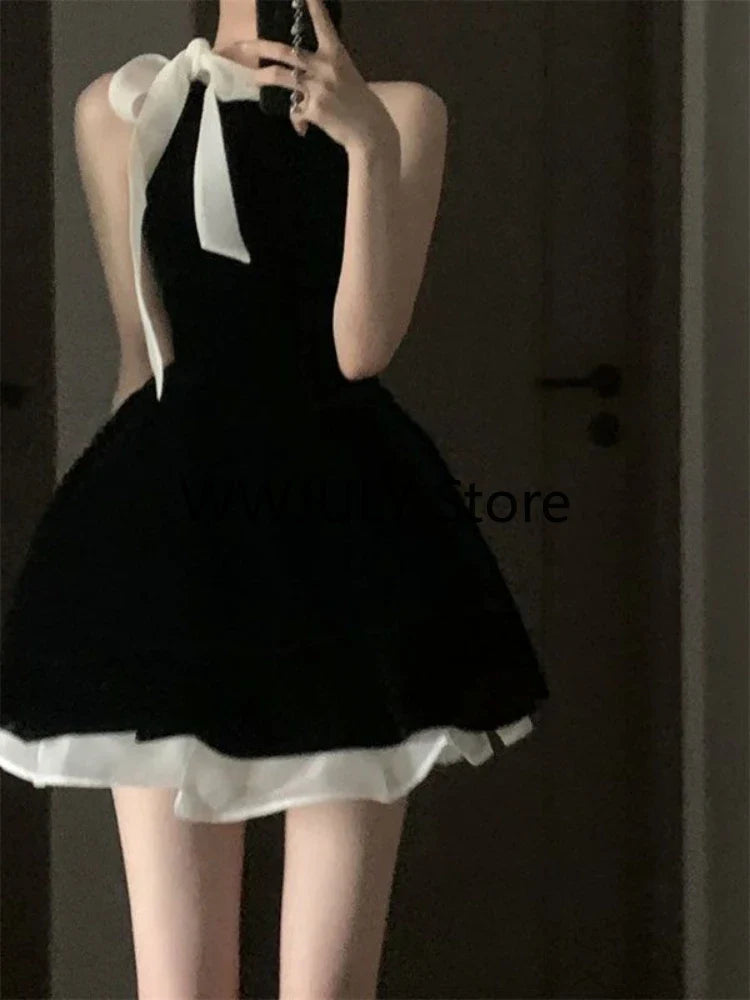 lovwvol Sexy Dress Woman Bow Bandage Sleeveless Slim Patchwork Black Mini Dresses Puffy Elegant Vintage Ladies Summer Fashion Chic