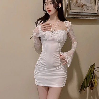 Sexy Lace Patchwork Long Sleeve Dress for Women Korean Skinny Lace-Up Design Bag Hip Dresses Woman Summer Night Club White Dress