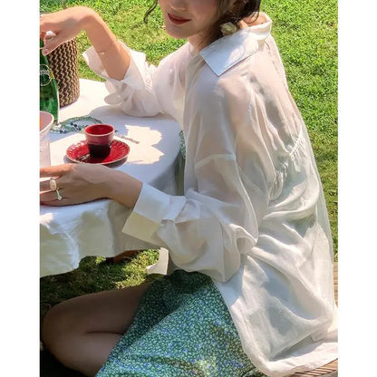 lovwvol White Chiffon Blouses Casual Elegant Sexy Oversized See Through Top Korean Fashion Puff Sleeve Shirts Beach Cover Up