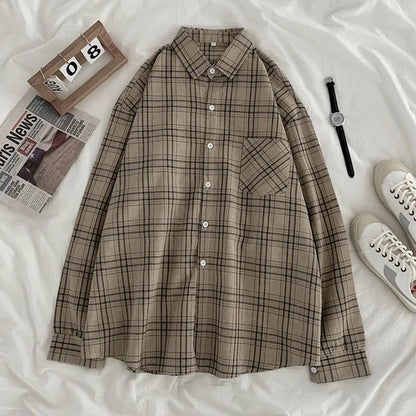 Women Shirt Plaid Oversize Turn-down Collar Leisure Fashion Loose All-match Womens Long Sleeves Soft Chic Korean Style Tops polo