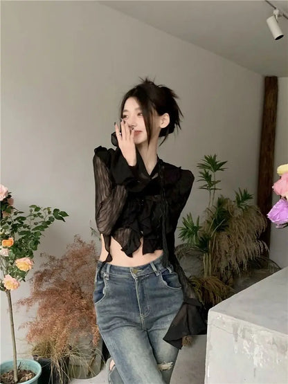 lovwvol Sexy Gothic Women Lace Blouses Grunge Y2k Crop Top Female Shirts Elegant Black Transparent Cardigan Korean Streetwear