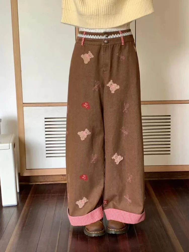 lovwvol  -  Korean Cartoon Bear Bow Embroidery Pantalones Contrast Color Patchwork Plaid Casual Trousers Women New Y2k Kawaii Wide Leg Pants