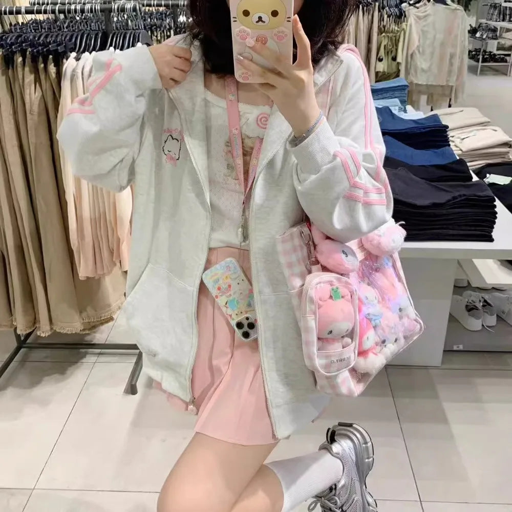 lovwvol Harajuku Kawaii Gray Zip Up Hoodie Women Japanese Y2K Cute Striped Sweatshirt Korean Style Preppy Style Sweet Girly Jacket