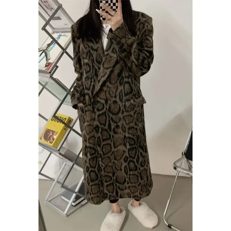 lovwvol  -  Double Breasted Leopard Print Suit Woolen Coat Women's Winter New Fashion Loose Jacket Trend Female Clothing