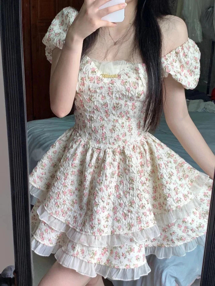 lovwvol Flower Print Kawaii Sweet Dress Women Hollow Out French Vintage Mini Dress Female Butterfly-knot Korean Designer Dress New