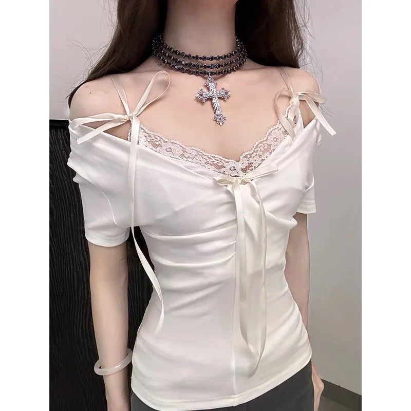 lovwvol Sweet Coquette T-shirts Sexy Lace Up Off Shoulder Tops Elegant Korean Style Cute Clubwear Y2k Aesthetic Two Piece Set