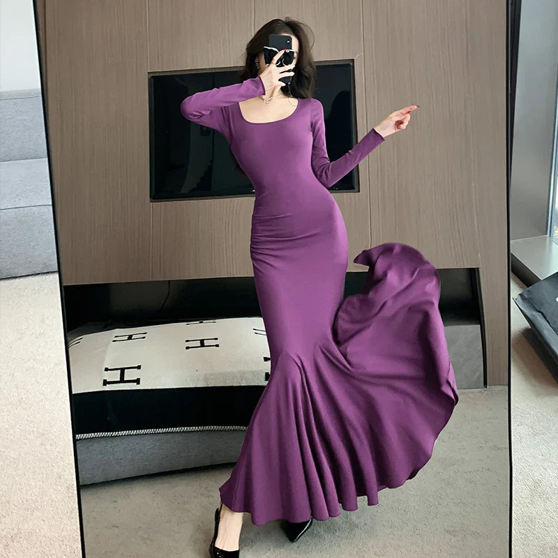 lovwvol  2024 Vintage Women's Prom Dresses Sexy long sleeve O-Neck Fish Tail Long Skirt Elegant Banquet Party Dress For Women Vestidos