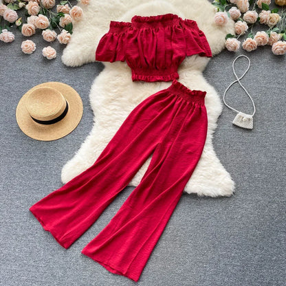 2024 Summer Green/Black/Red Two Piece Set Women Sexy Slash Neck Short Tops + High Waist Wide Leg Pants Female Suit New