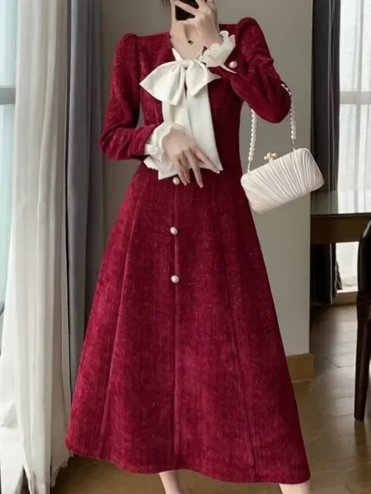 lovwvol Vintage Red Wedding Party Midi Dresses for Women Autumn New Elegant Chic Birthday Evening Prom Long Sleeves Female Clothing