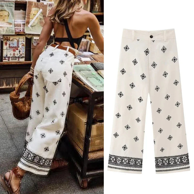 lovwvol Vintage Ethnic Floral Embroidery Wide Leg Pants for Women Casual High Waist Linen Cotton Pant Summer Boho Beach Trousers