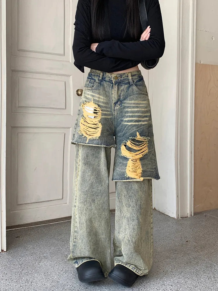 lovwvol  -  Y2K 2000S Streetwear Washed Blue Baggy Ripped Stacked Jeans Pants For Women 90S Vintage Clothes Old Lady Denim Trousers