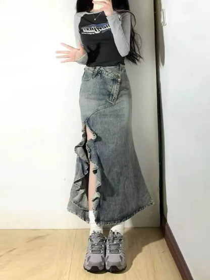 lovwvol Women's Mermaid  Skirt Clothes Blue Skirt Harajuku Korean Girl Casual Chic Fashion Vintage A-Line Denim Skirt Split Hem Coquette