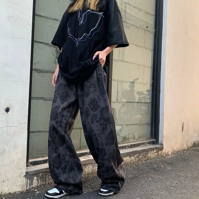 lovwvol Summer Thin Retro Corduroy Pants Women Harajuku Printed Baggy Wide Leg Trousers Teen High Street Unisex Hip Hop Pants