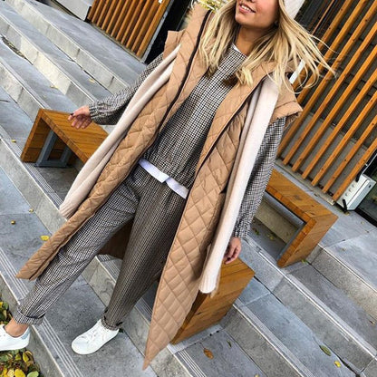 RR Solid Hooded Vests Women Fashion Tie Belt Collected Waisted Argyle Coats Women Elegant Pockets Long Vests Female Ladies