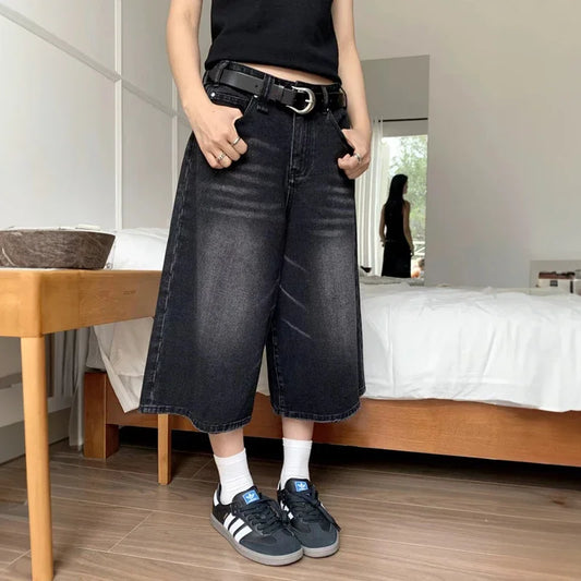 lovwvol Harajuku Vintage High Waist Black Retro Washed Denim Shorts Women's Fashion Casual Loose Fit Y2K Streetwear Mid Long Short