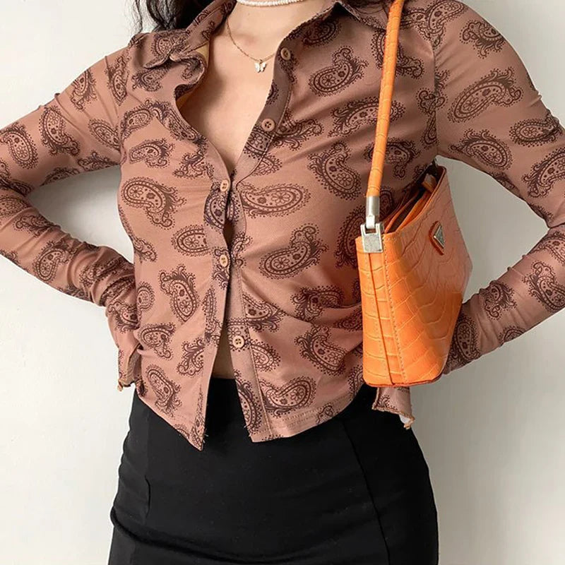 lovwvol Vintage Hippie Blouses Women Y2k 2000s Aesthetic Shirts Flare Long Sleeve Female Cropped Retro Printed Tops Streetwear