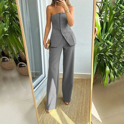 lovwvol  -  Women Two Piece Set Simple Off Shoulder Single Breasted Top Luxury Elegant Solid Bodycon Pant Suit Office Outfit