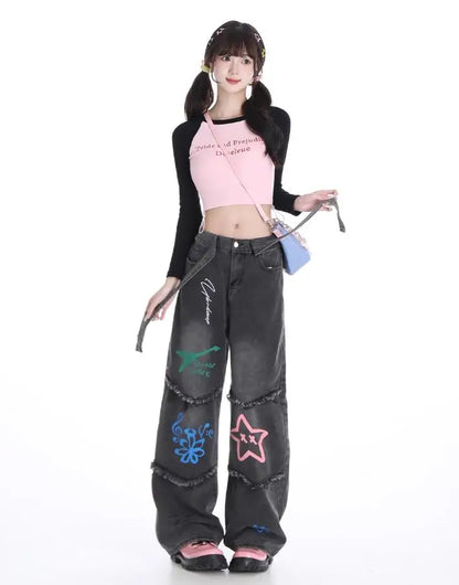 lovwvol American Vintage High Waist Straight Jeans Grunge Streetwear Tassels Print Pants Women's Casual Baggy Y2K Wide Leg Denim Trouser