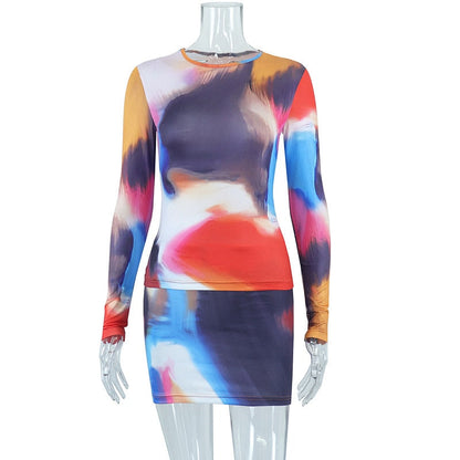 Multicolor Print Two Piece Set Women Sexy O-neck Long Sleeve T-shirts and Mini Skirt Matching Party Club Outfits